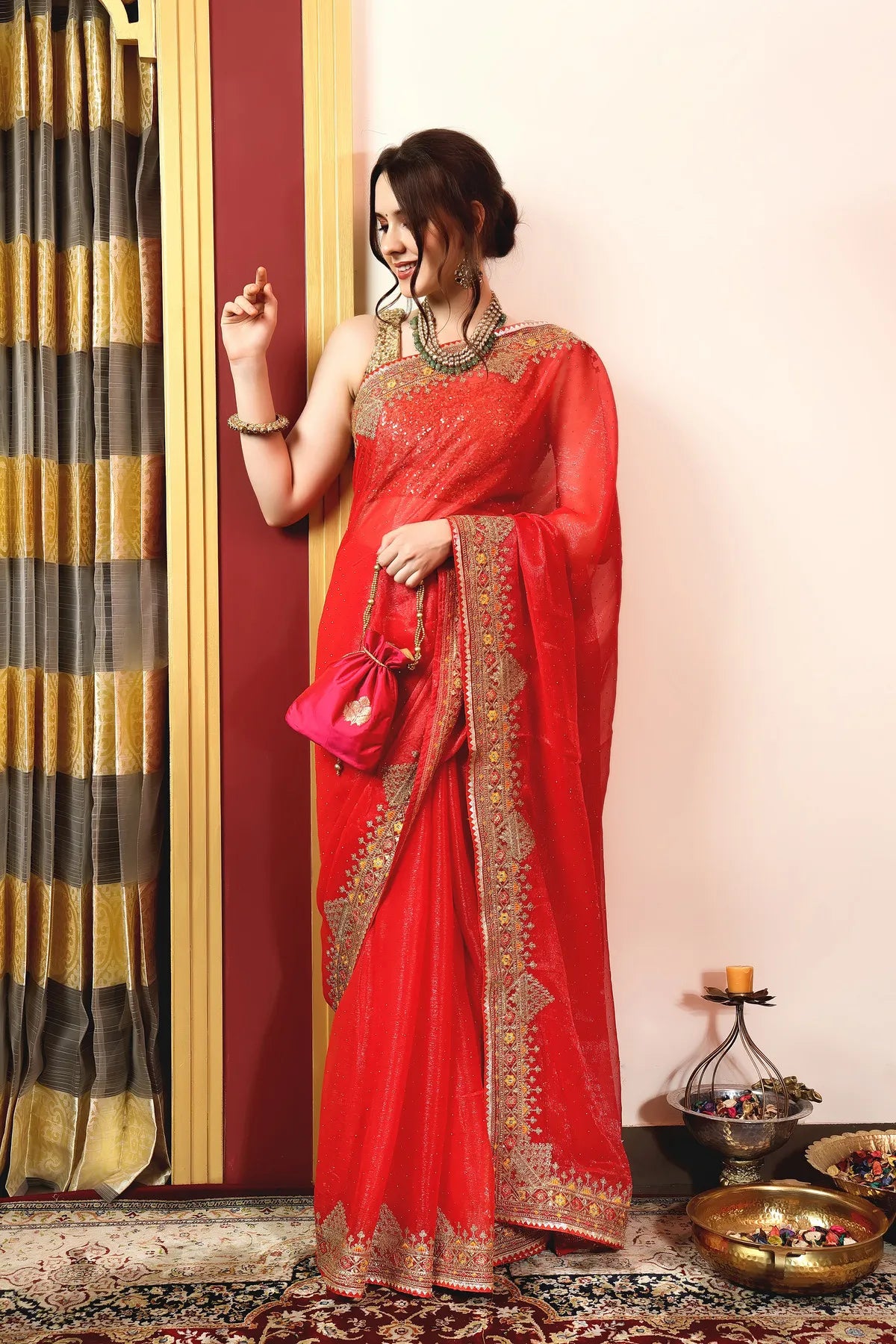 Enchanted Sparkle Shimmer Chiffon Sarees A-SAREE D11-Red