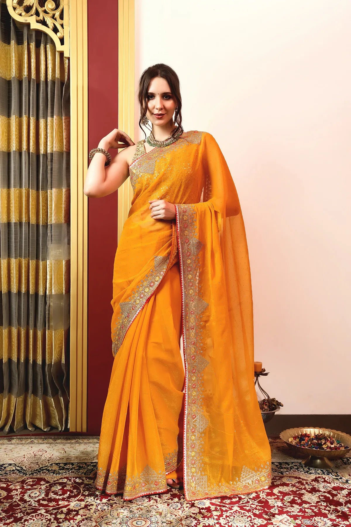 Enchanted Sparkle Shimmer Chiffon Sarees A-SAREE D11-Yellow