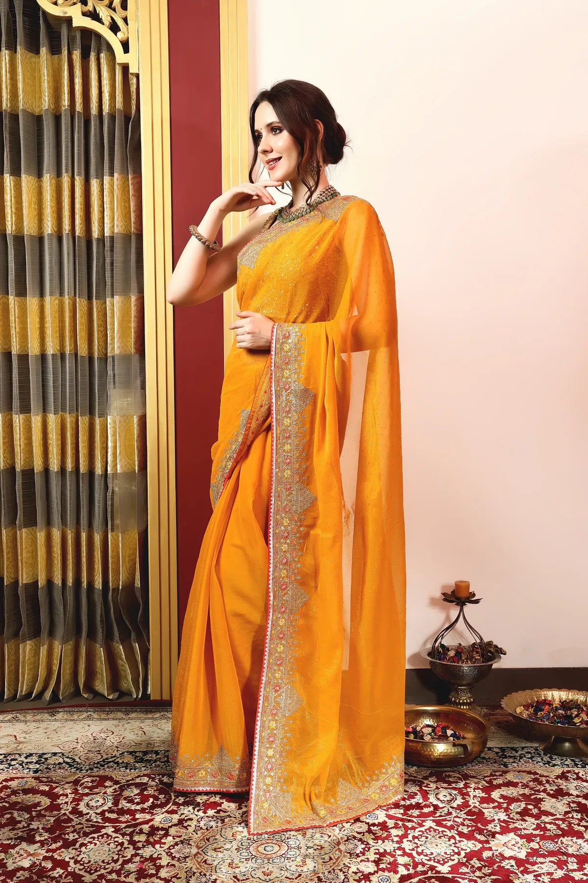 Enchanted Sparkle Shimmer Chiffon Sarees A-SAREE D11-Yellow
