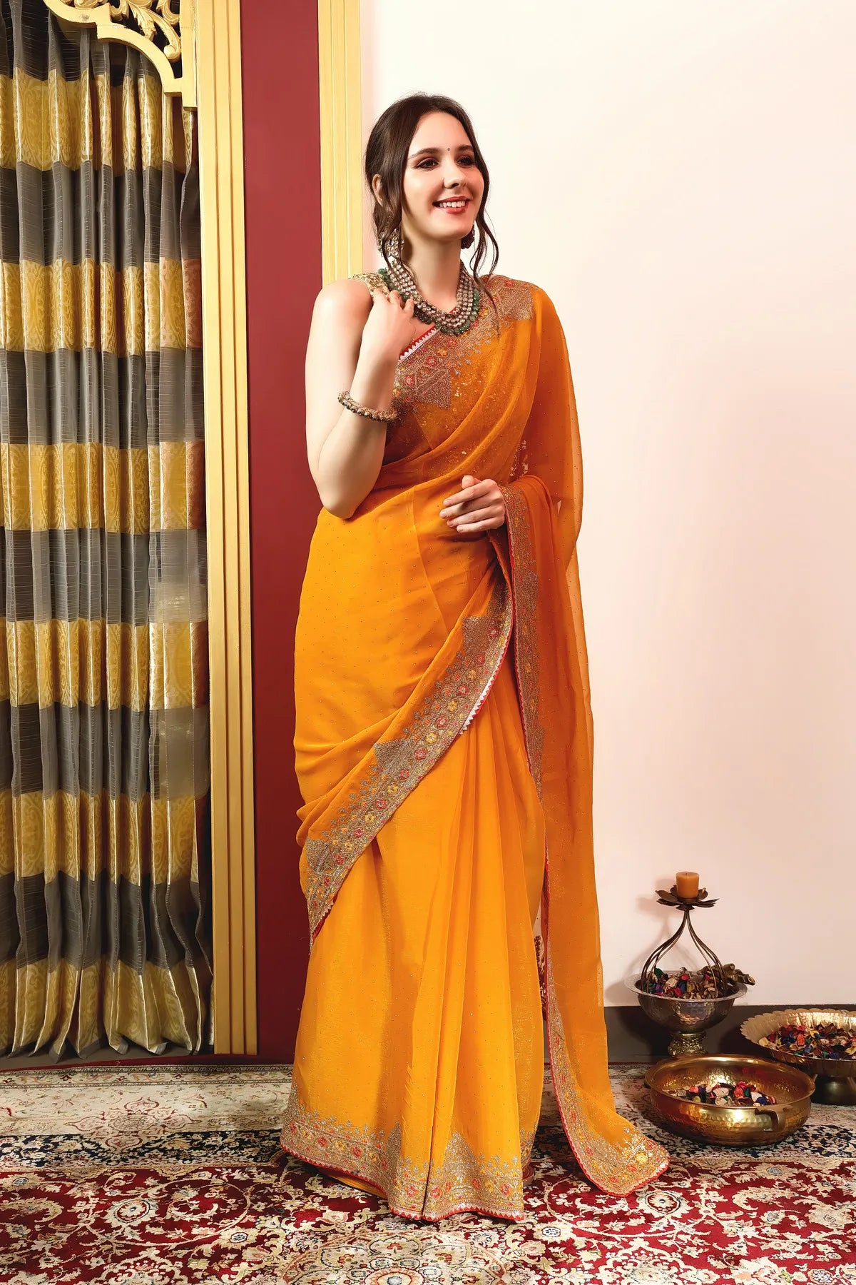 Enchanted Sparkle Shimmer Chiffon Sarees A-SAREE D11-Yellow