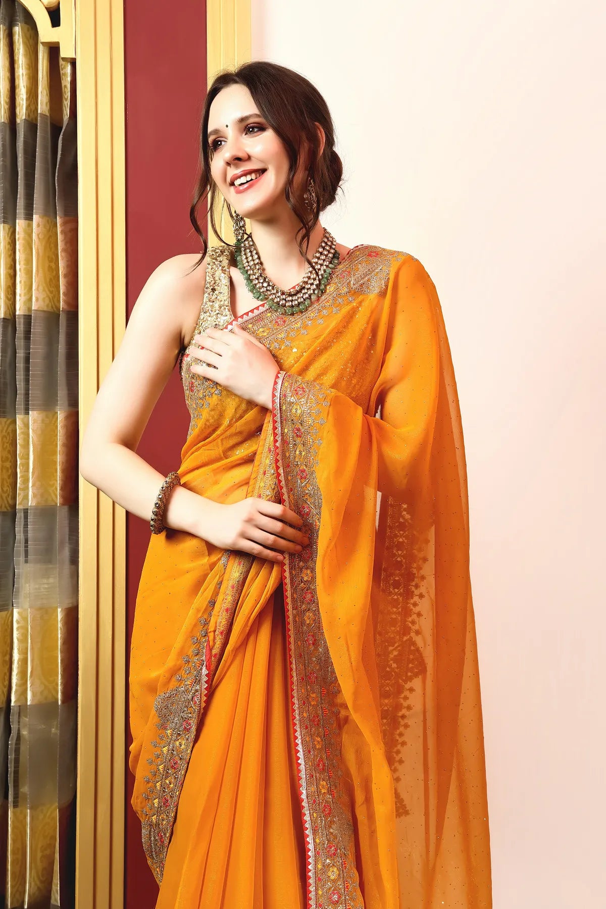 Enchanted Sparkle Shimmer Chiffon Sarees A-SAREE D11-Yellow
