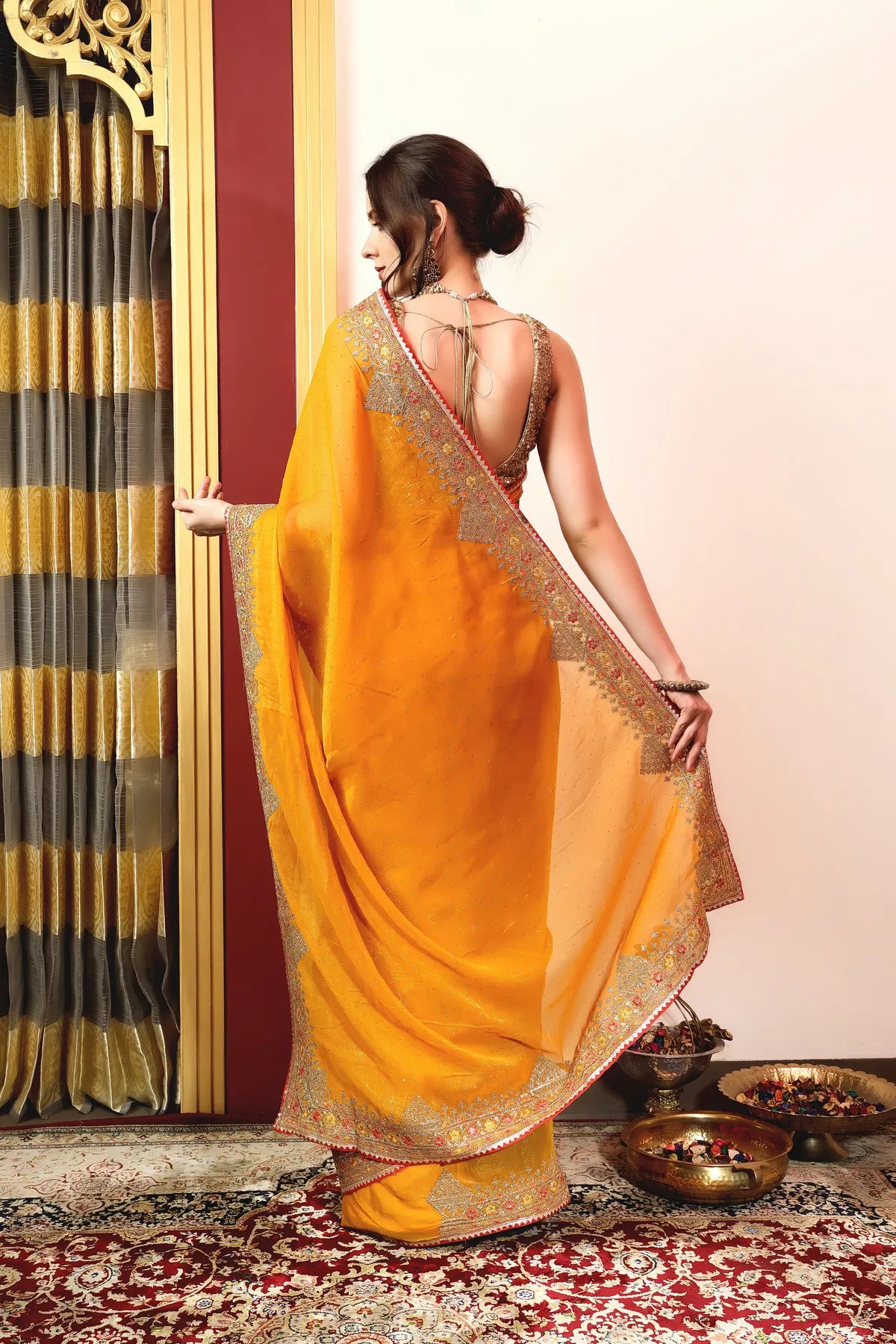 Enchanted Sparkle Shimmer Chiffon Sarees A-SAREE D11-Yellow