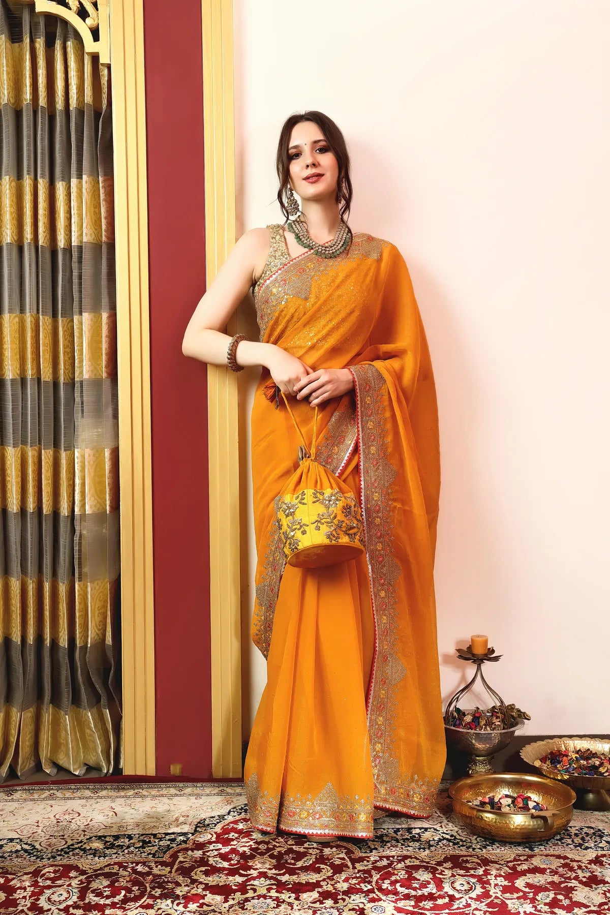 Enchanted Sparkle Shimmer Chiffon Sarees A-SAREE D11-Yellow