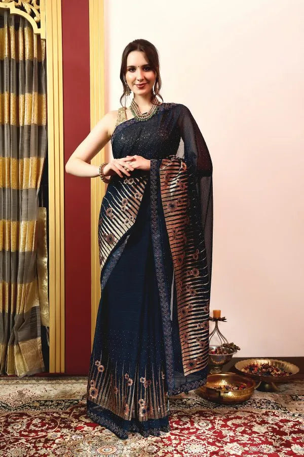 Enchanted Sparkle Shimmer Chiffon Sarees A-D12-Blue