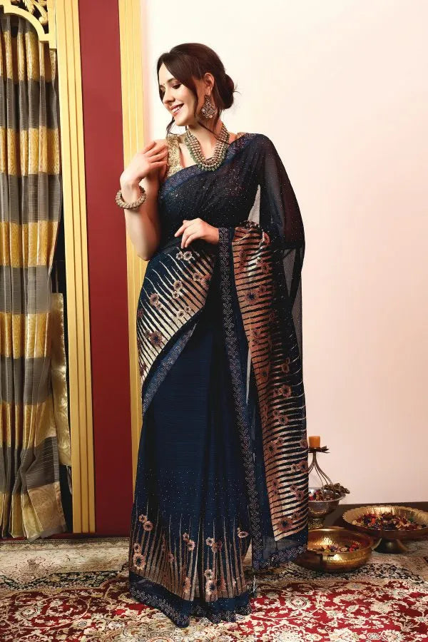 Enchanted Sparkle Shimmer Chiffon Sarees A-D12-Blue