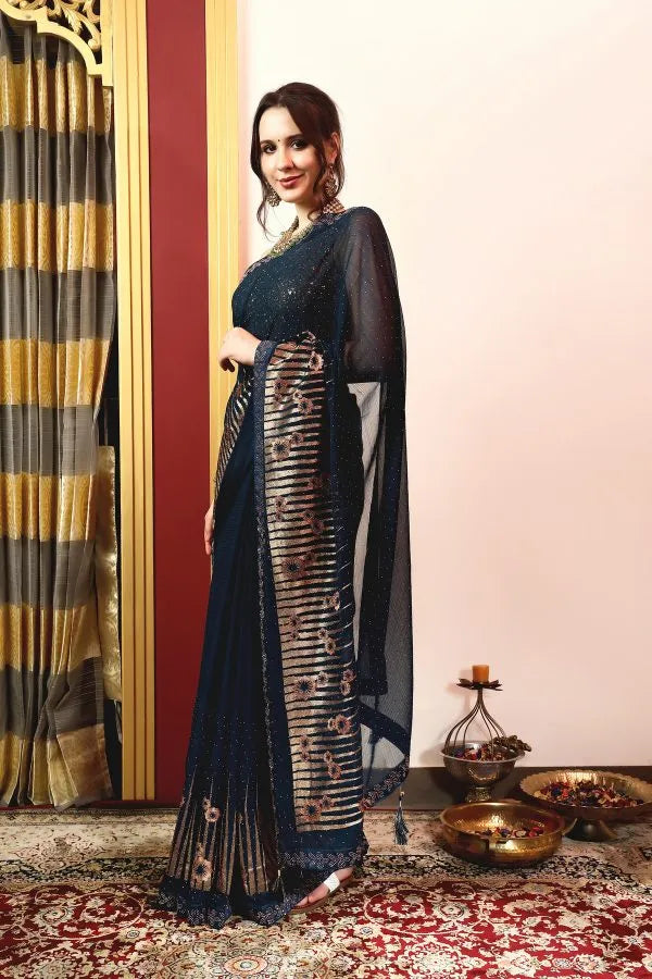 Enchanted Sparkle Shimmer Chiffon Sarees A-D12-Blue