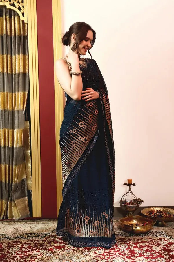 Enchanted Sparkle Shimmer Chiffon Sarees A-D12-Blue
