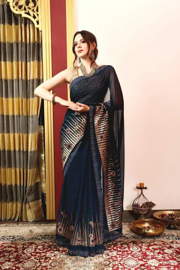 Enchanted Sparkle Shimmer Chiffon Sarees A-D12-Blue