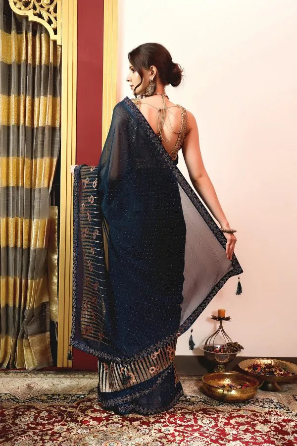 Enchanted Sparkle Shimmer Chiffon Sarees A-D12-Blue