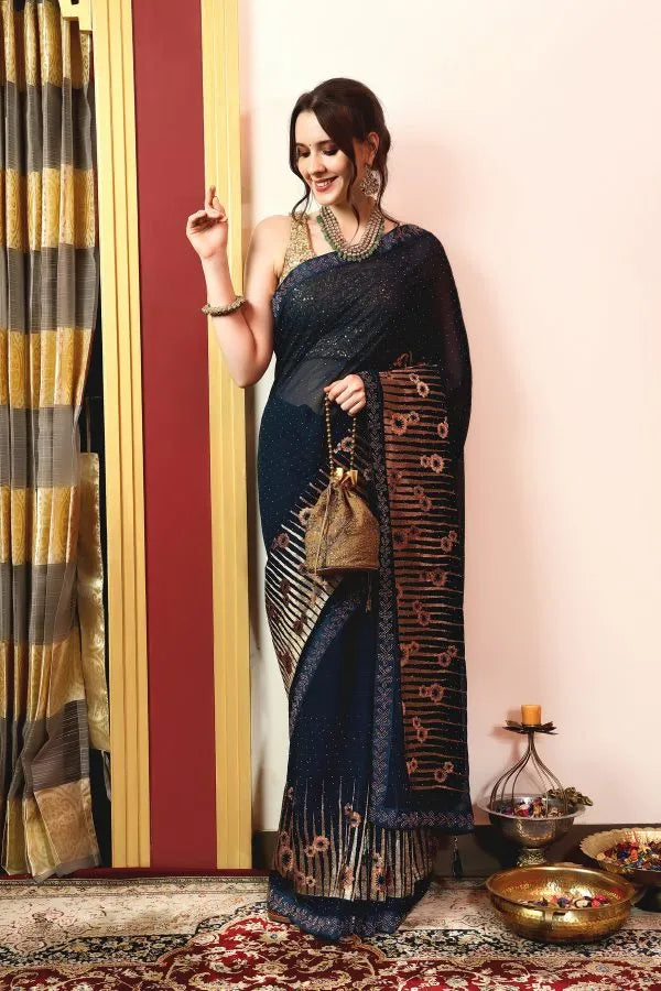 Enchanted Sparkle Shimmer Chiffon Sarees A-D12-Blue