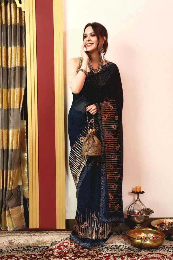 Enchanted Sparkle Shimmer Chiffon Sarees A-D12-Blue