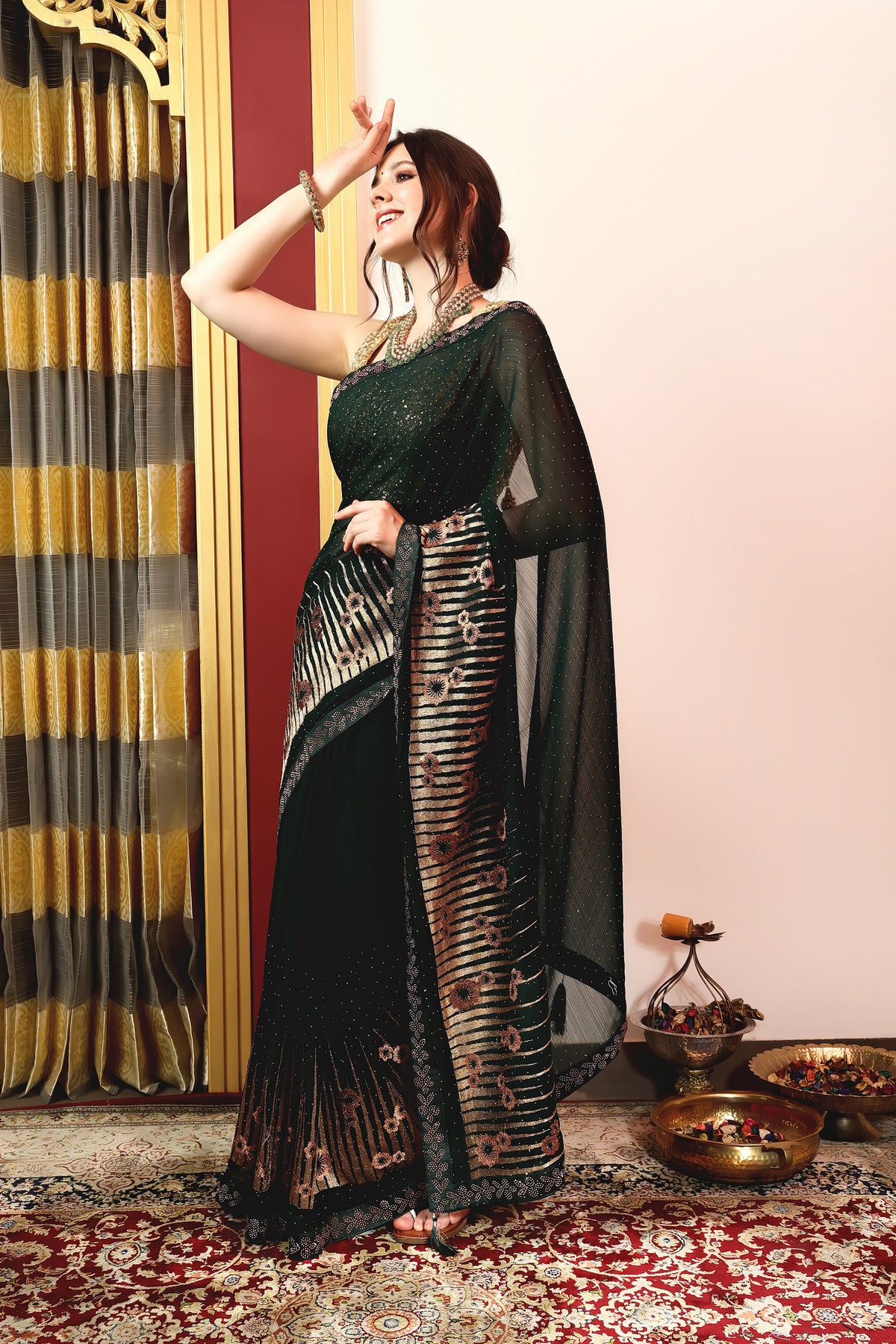 Enchanted Sparkle Shimmer Chiffon Sarees A-D12-Green