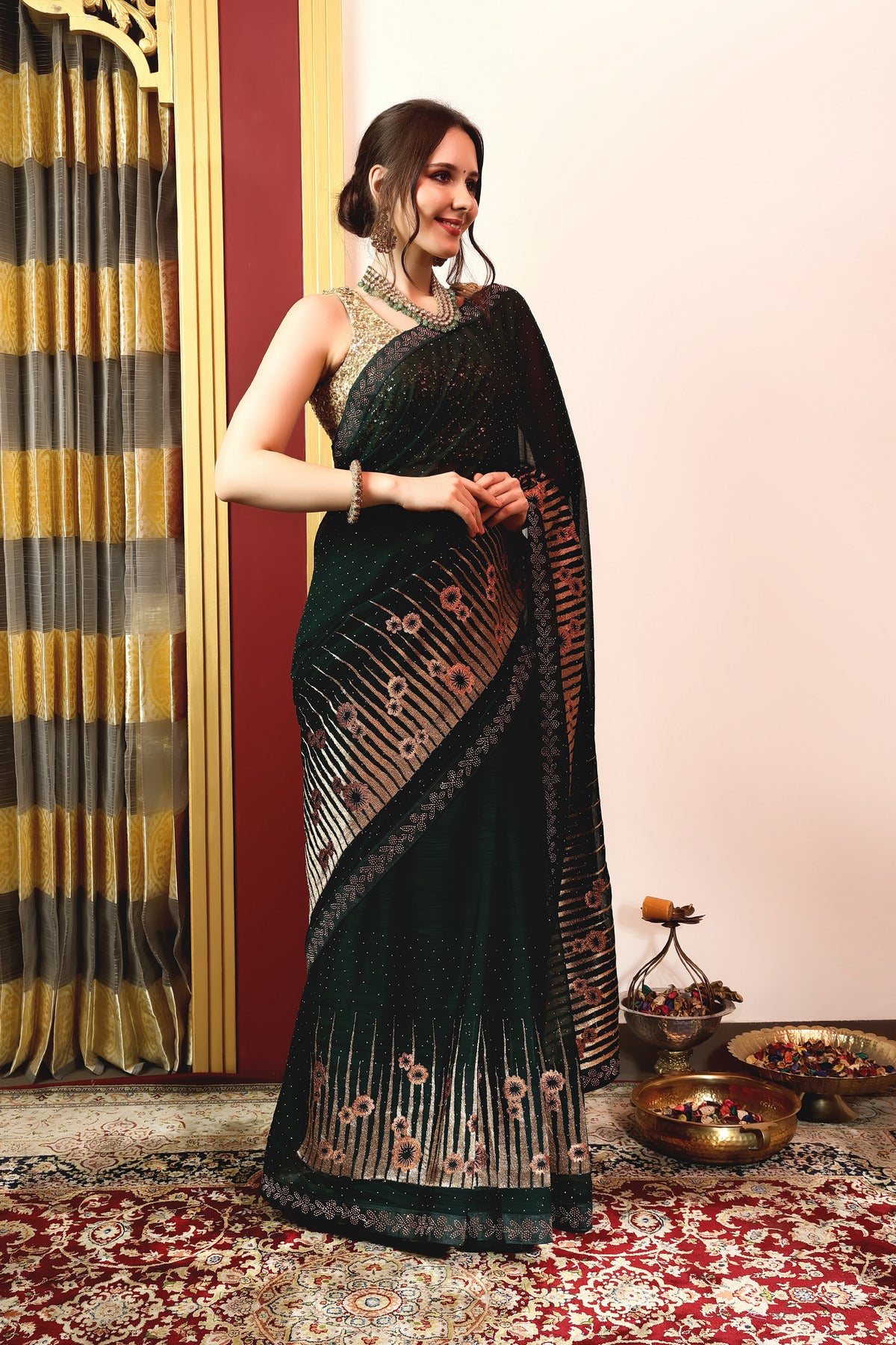Enchanted Sparkle Shimmer Chiffon Sarees A-D12-Green