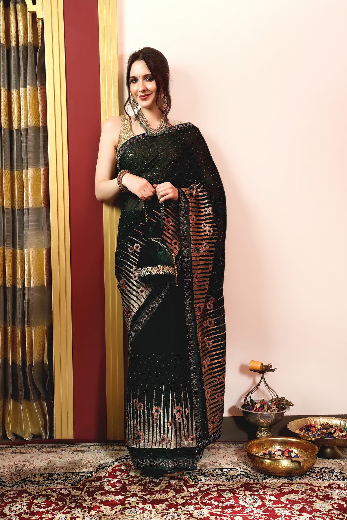 Enchanted Sparkle Shimmer Chiffon Sarees A-D12-Green