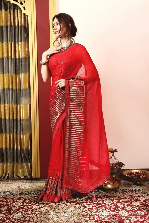 Enchanted Sparkle Shimmer Chiffon Sarees A-D12-Red