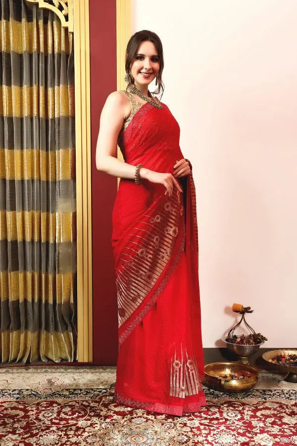 Enchanted Sparkle Shimmer Chiffon Sarees A-D12-Red