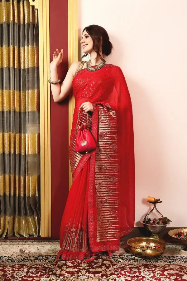 Enchanted Sparkle Shimmer Chiffon Sarees A-D12-Red