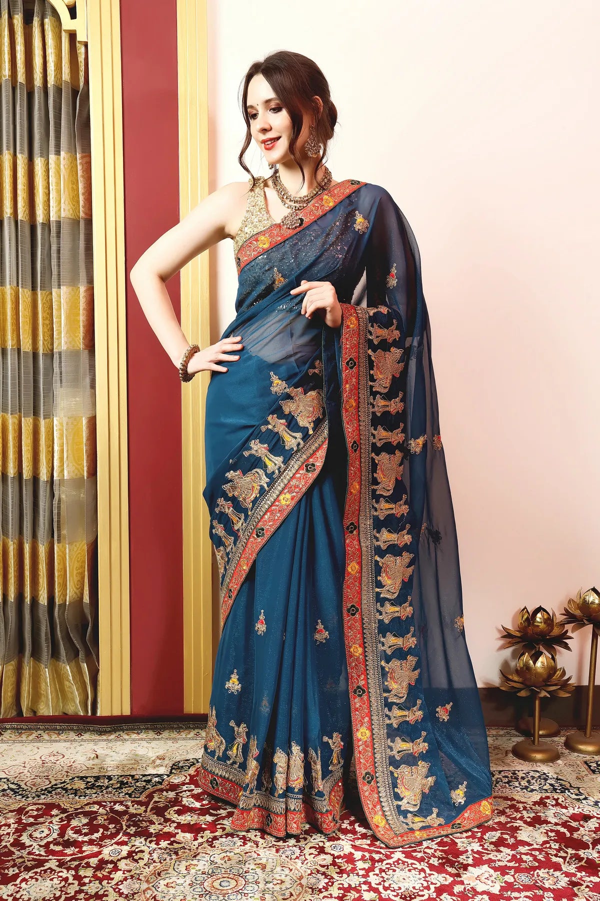 Enchanted Sparkle Shimmer Chiffon Sarees (A) SAREE D13-Blue