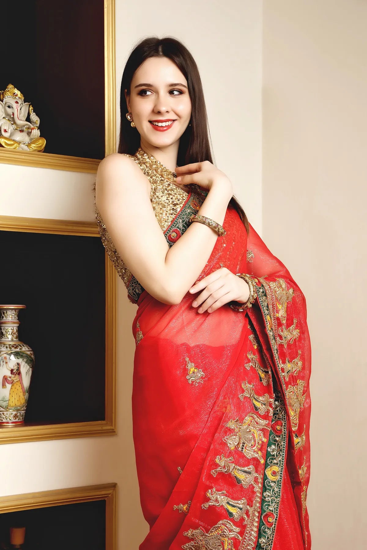 Enchanted Sparkle Shimmer Chiffon Sarees (A) SAREE D13-Red