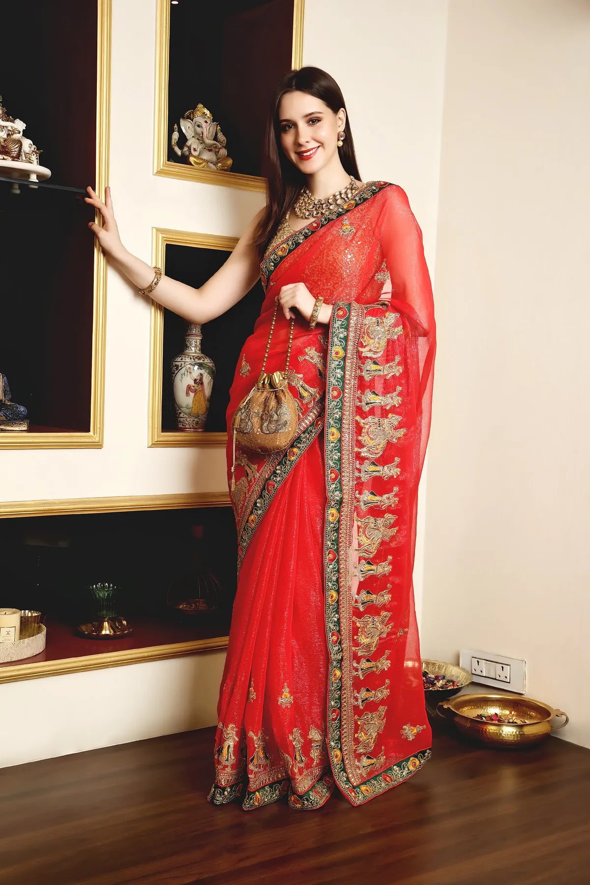Enchanted Sparkle Shimmer Chiffon Sarees (A) SAREE D13-Red