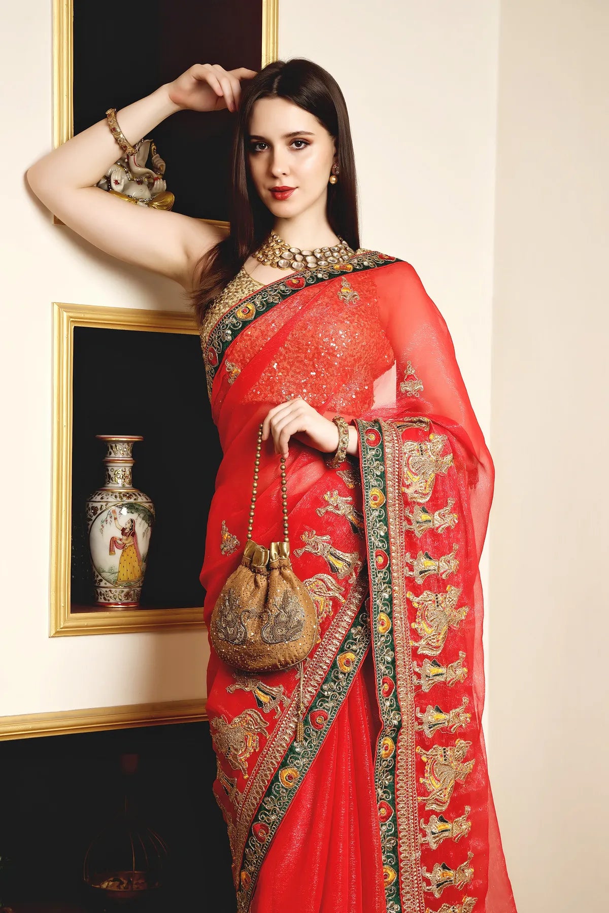 Enchanted Sparkle Shimmer Chiffon Sarees (A) SAREE D13-Red
