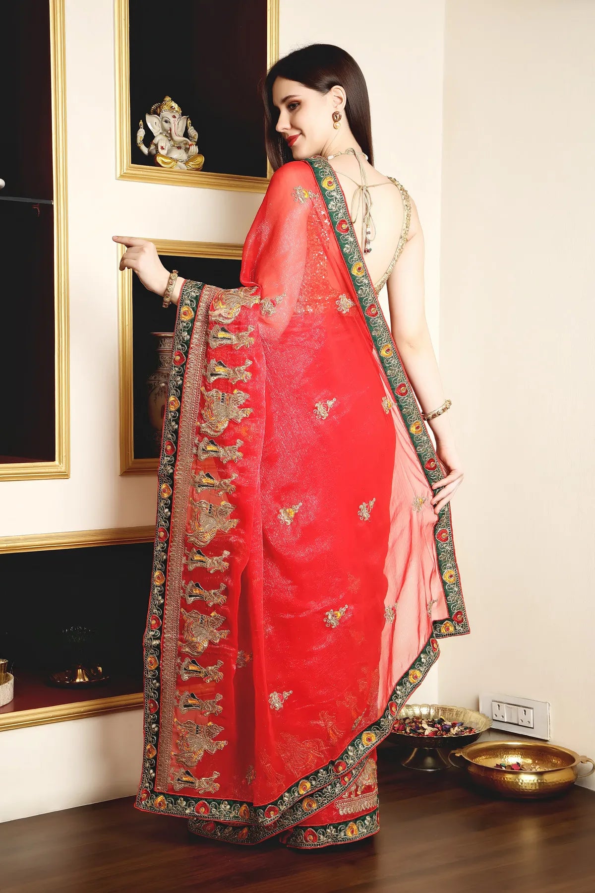 Enchanted Sparkle Shimmer Chiffon Sarees (A) SAREE D13-Red
