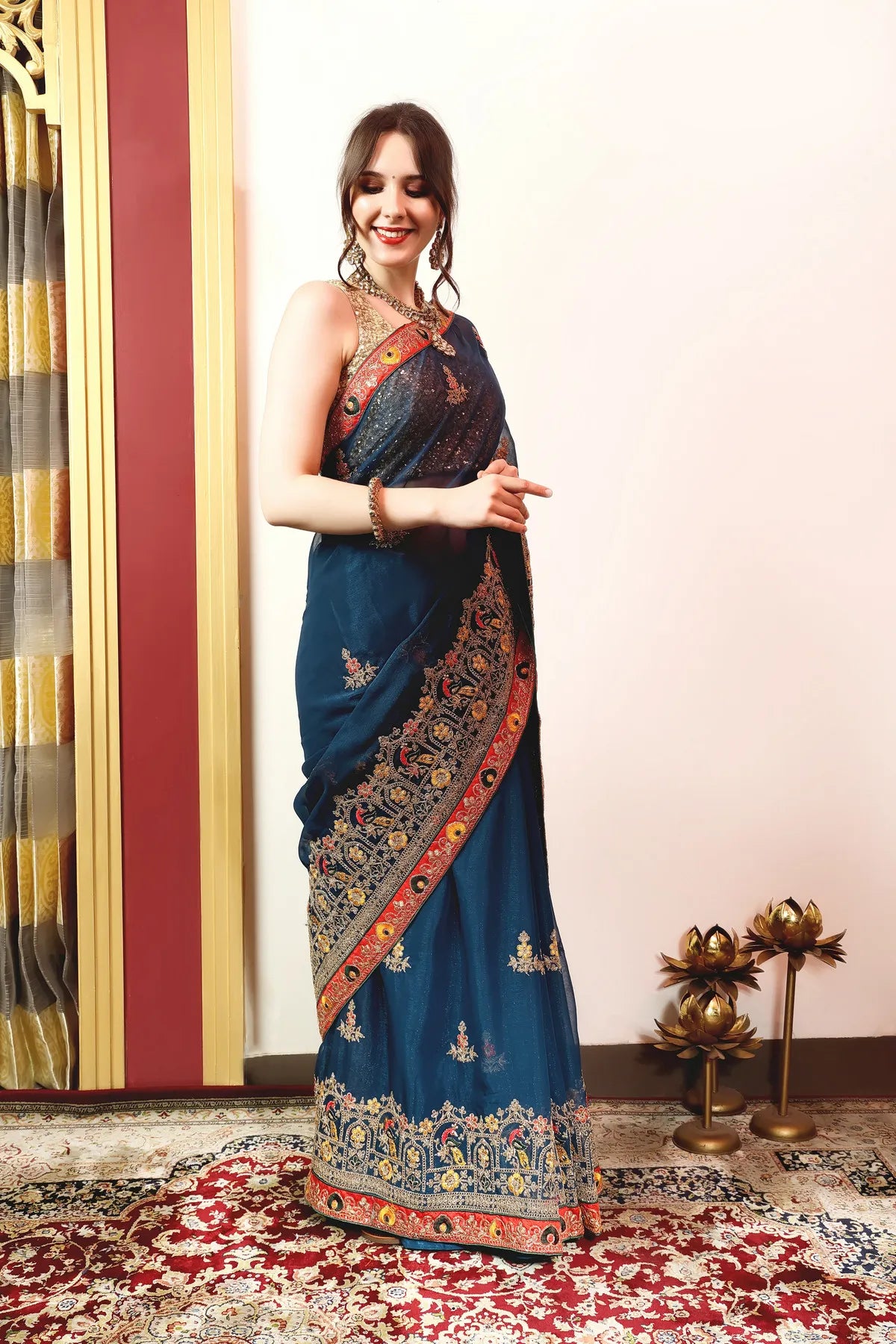 Enchanted Sparkle Shimmer Chiffon Sarees (A)-SAREE D14-Blue