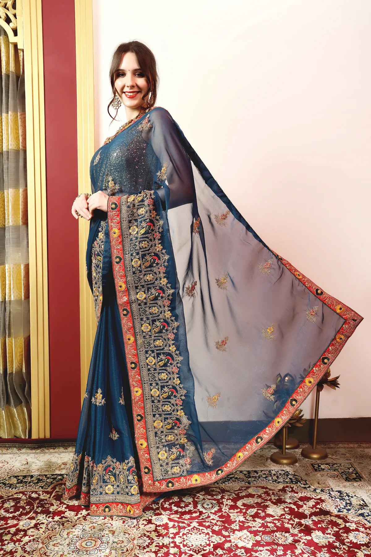Enchanted Sparkle Shimmer Chiffon Sarees (A)-SAREE D14-Blue