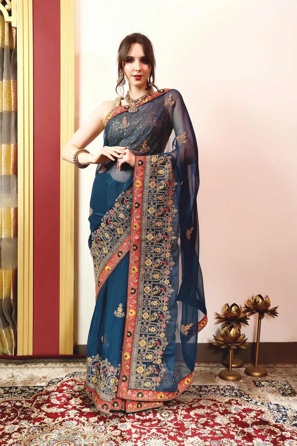 Enchanted Sparkle Shimmer Chiffon Sarees (A)-SAREE D14-Blue