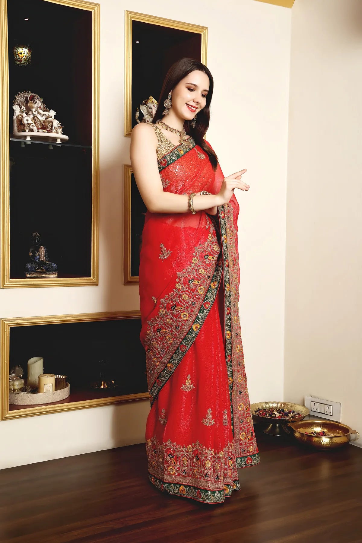 Enchanted Sparkle Shimmer Chiffon Sarees (A) SAREE D14-Red