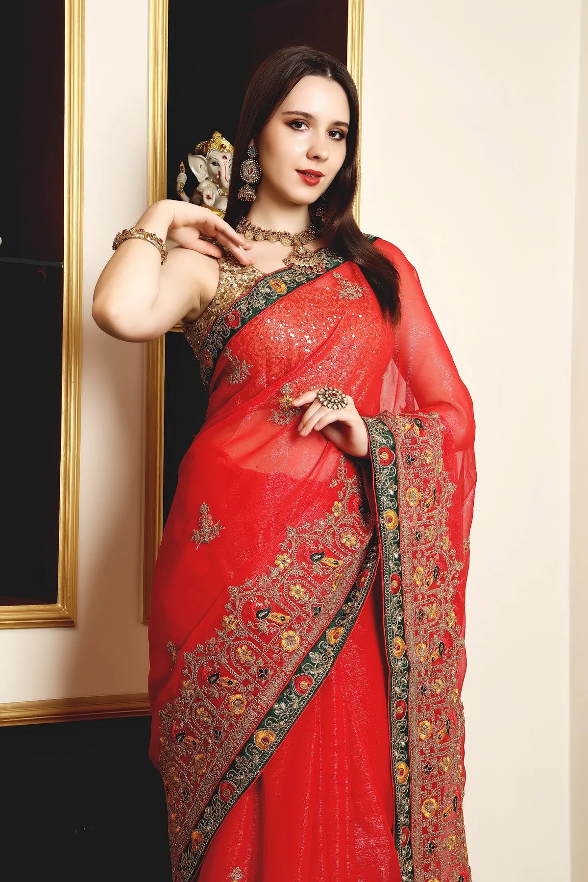 Enchanted Sparkle Shimmer Chiffon Sarees (A) SAREE D14-Red