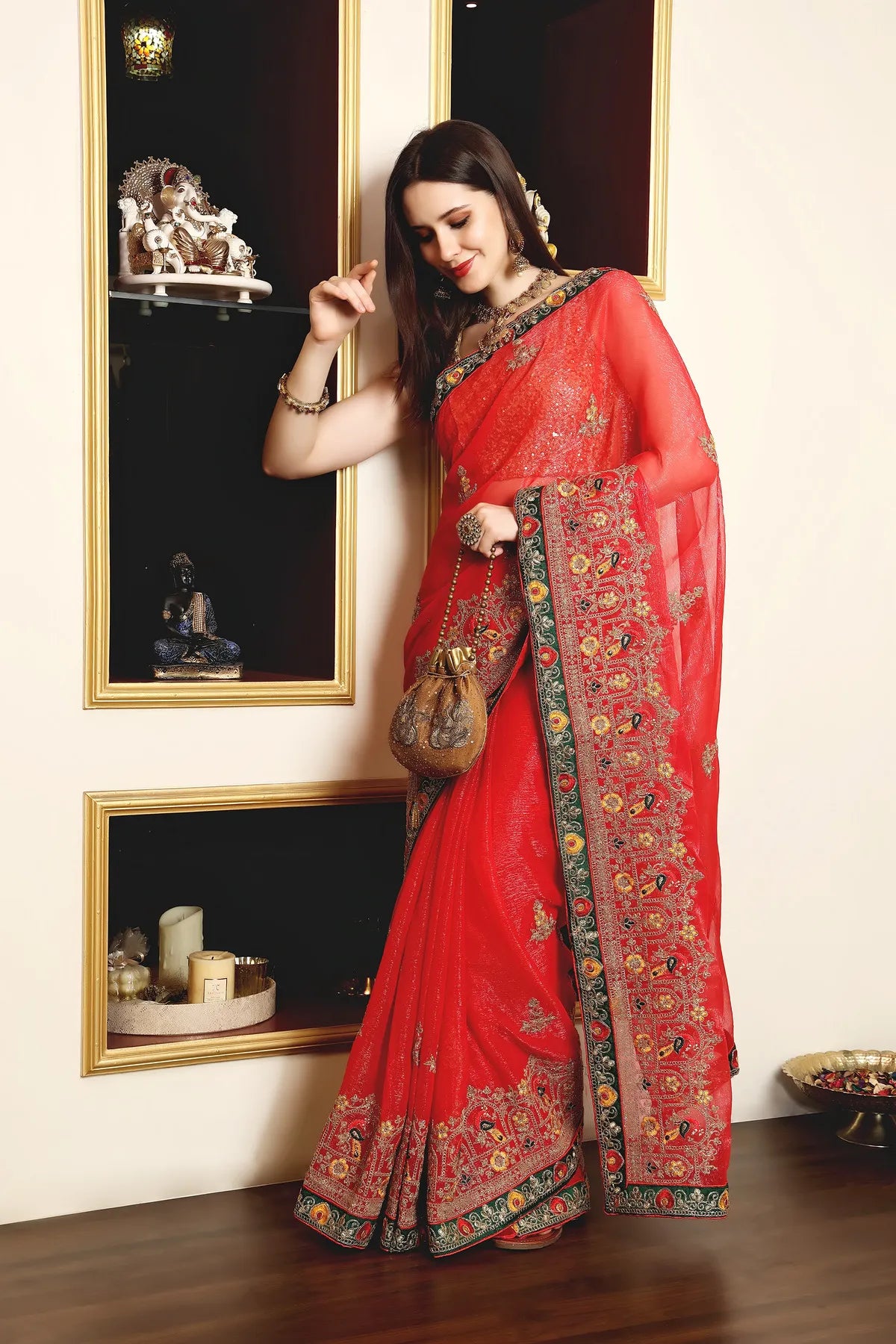 Enchanted Sparkle Shimmer Chiffon Sarees (A) SAREE D14-Red
