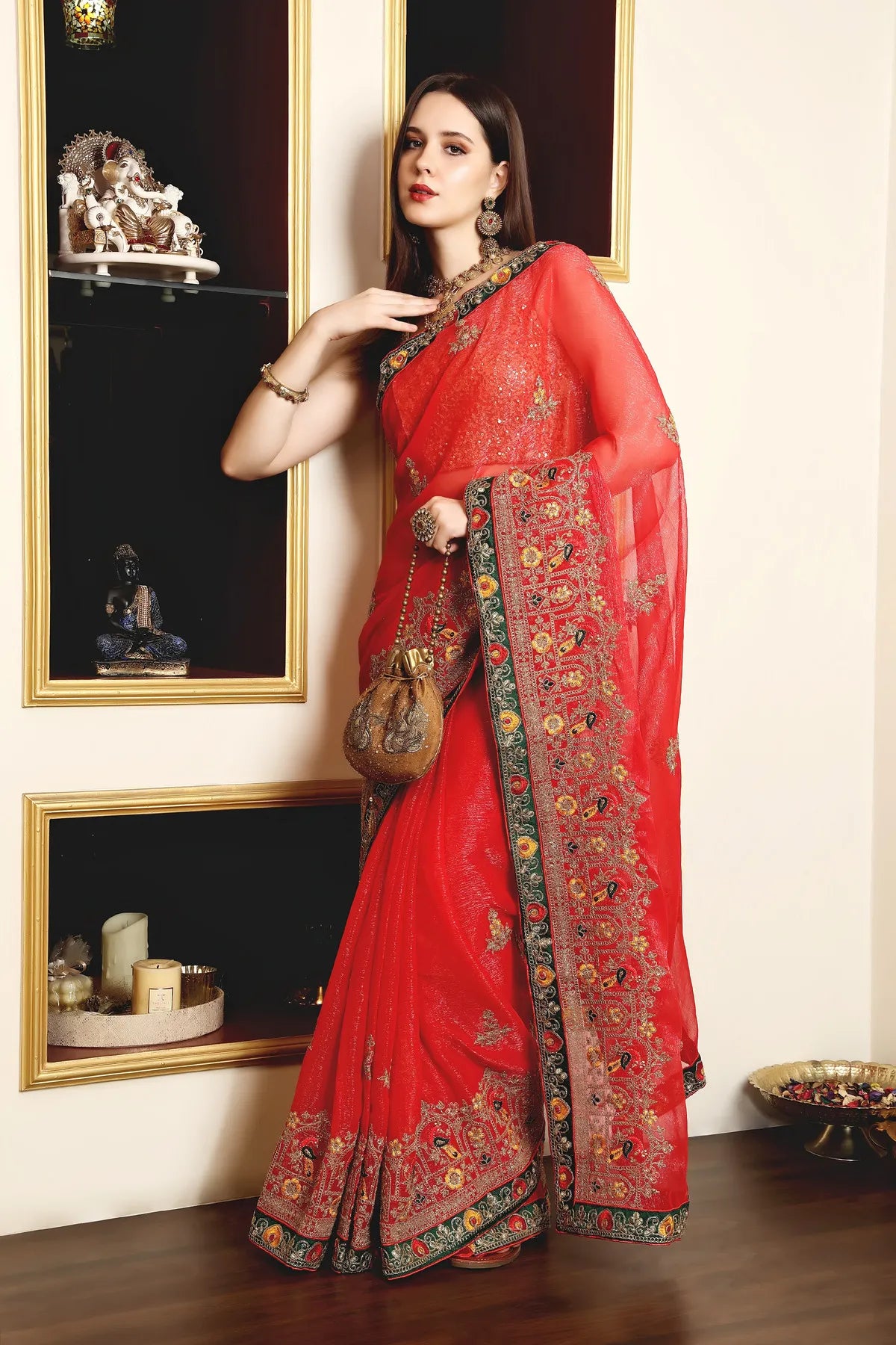 Enchanted Sparkle Shimmer Chiffon Sarees (A) SAREE D14-Red