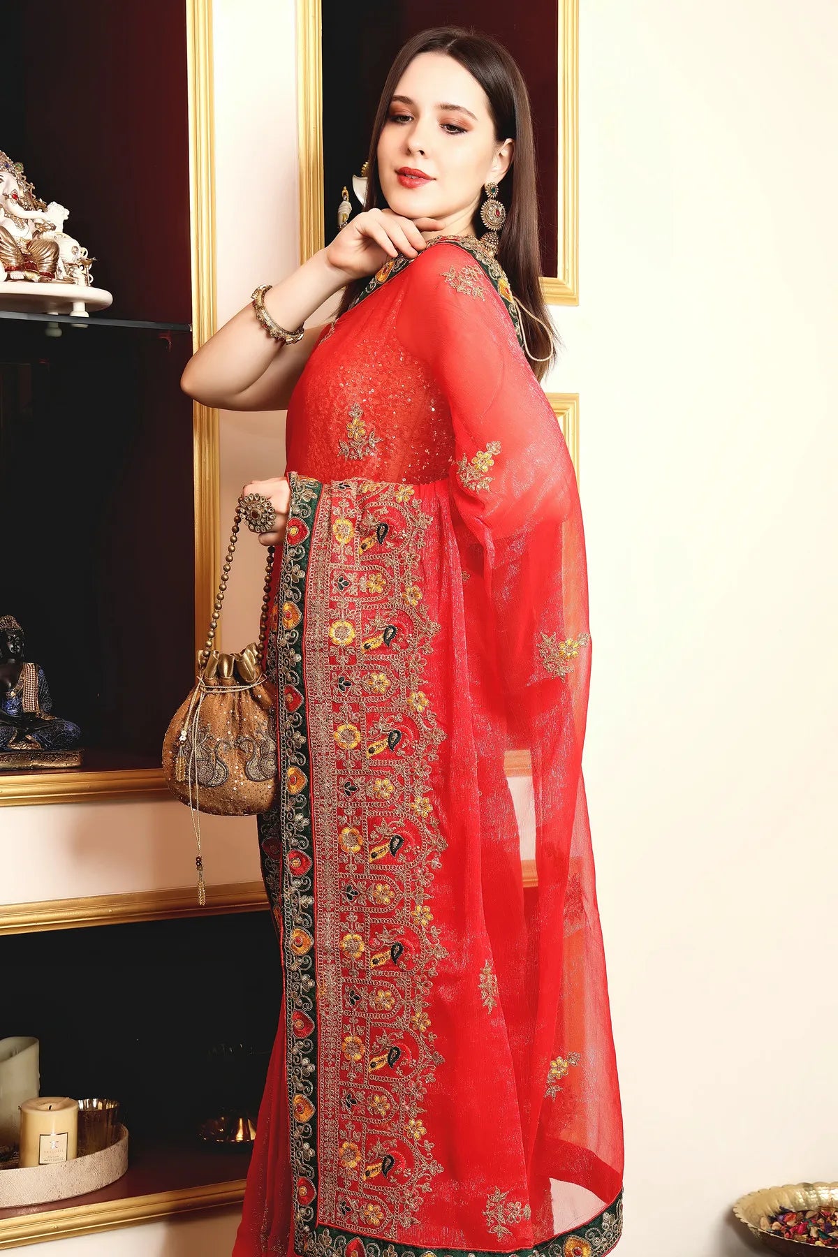 Enchanted Sparkle Shimmer Chiffon Sarees (A) SAREE D14-Red