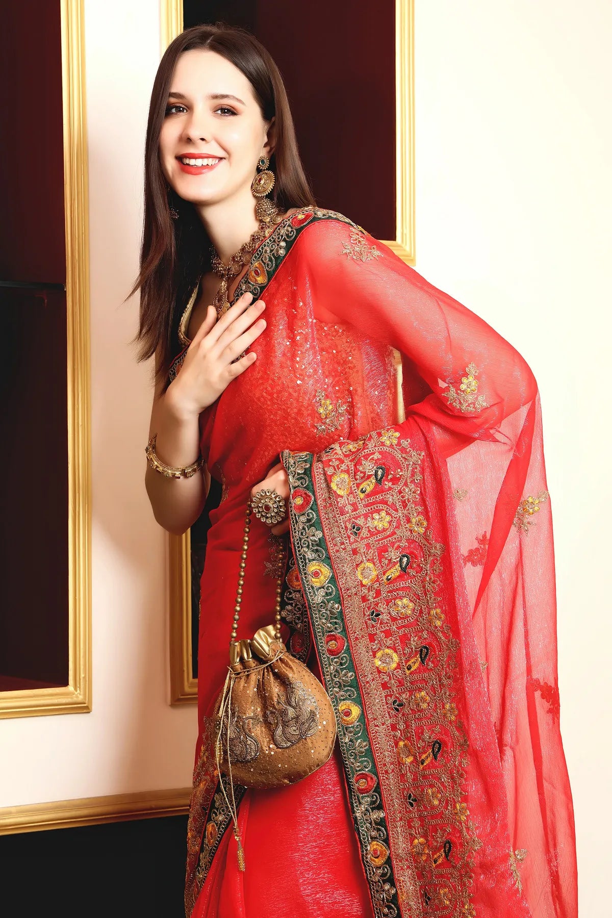 Enchanted Sparkle Shimmer Chiffon Sarees (A) SAREE D14-Red