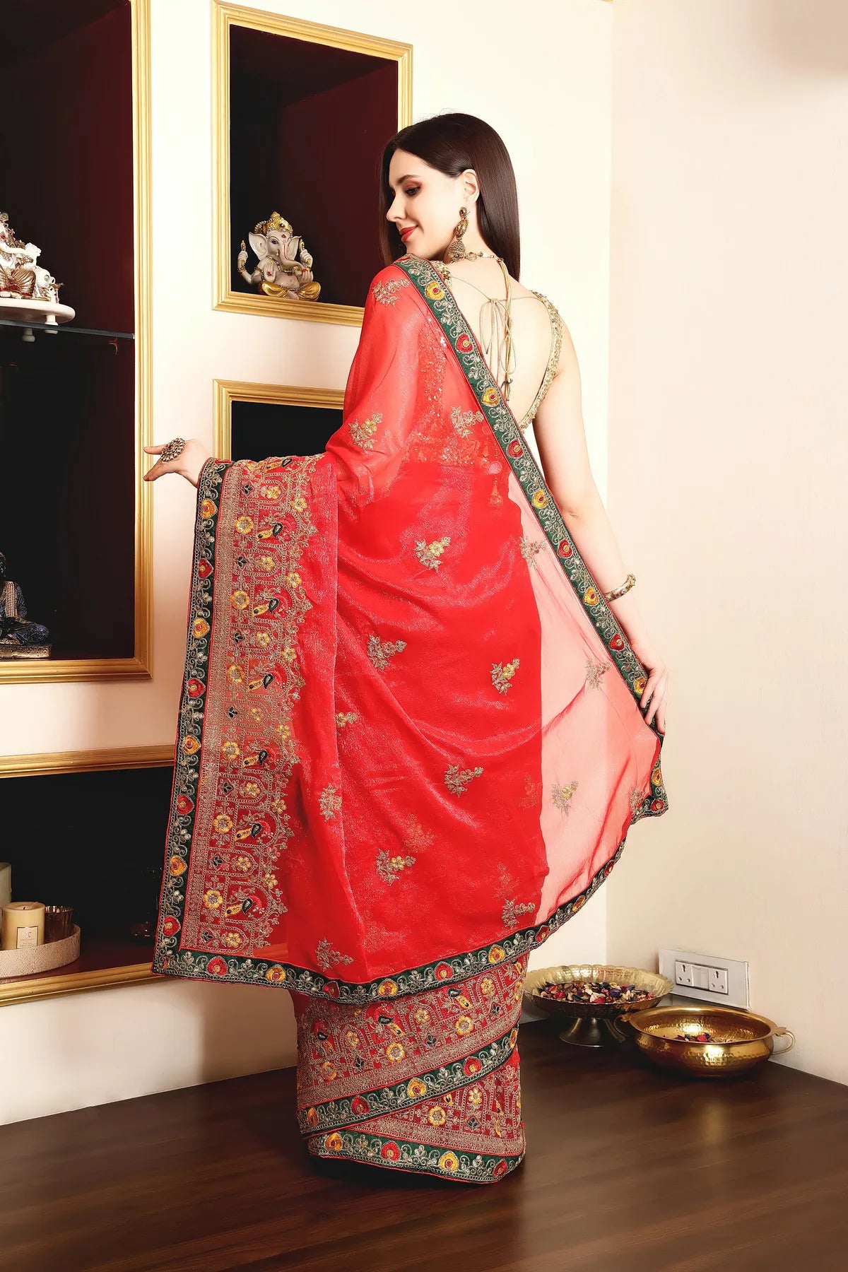 Enchanted Sparkle Shimmer Chiffon Sarees (A) SAREE D14-Red