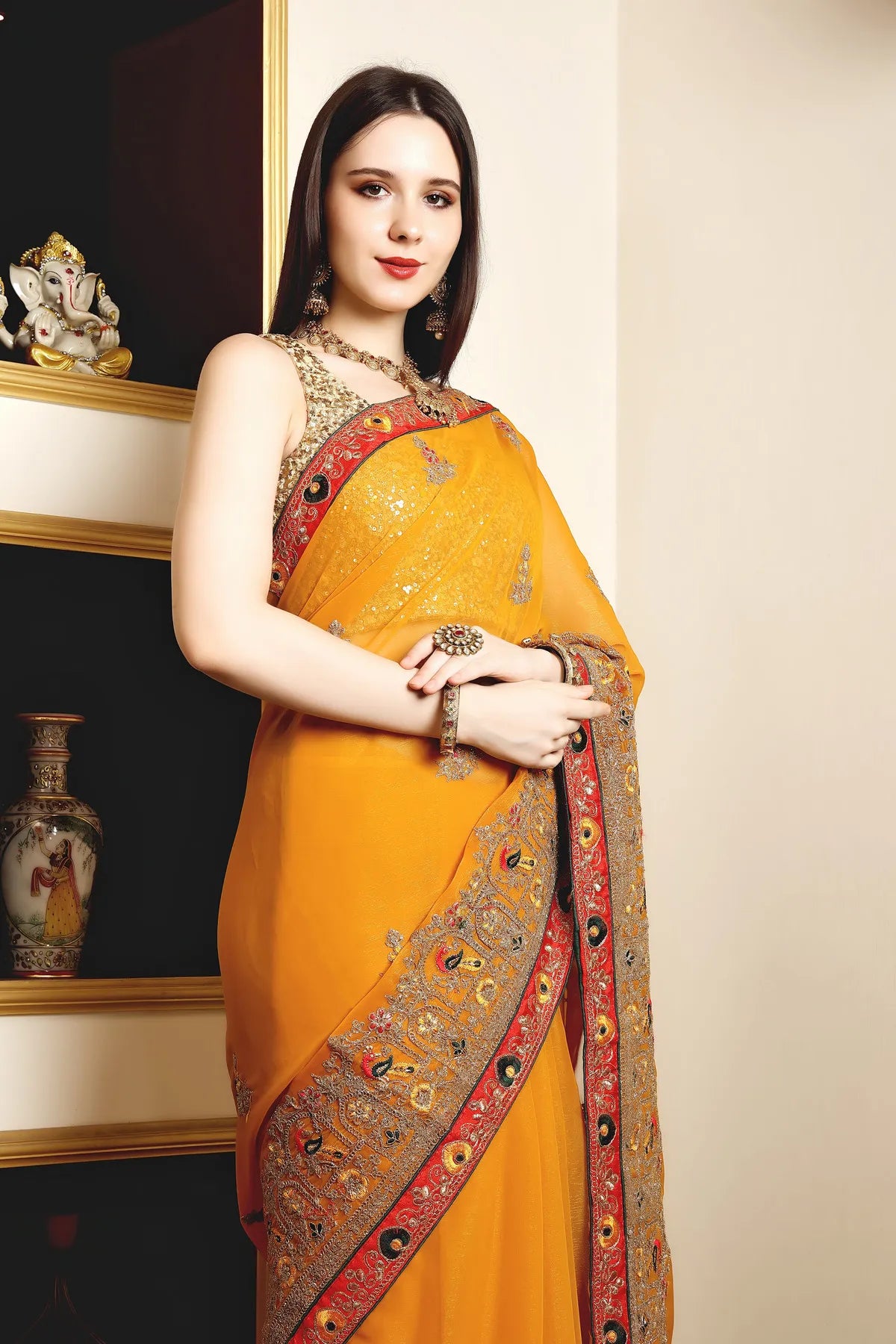 Enchanted Sparkle Shimmer Chiffon Sarees (A) SAREE D14-Yellow