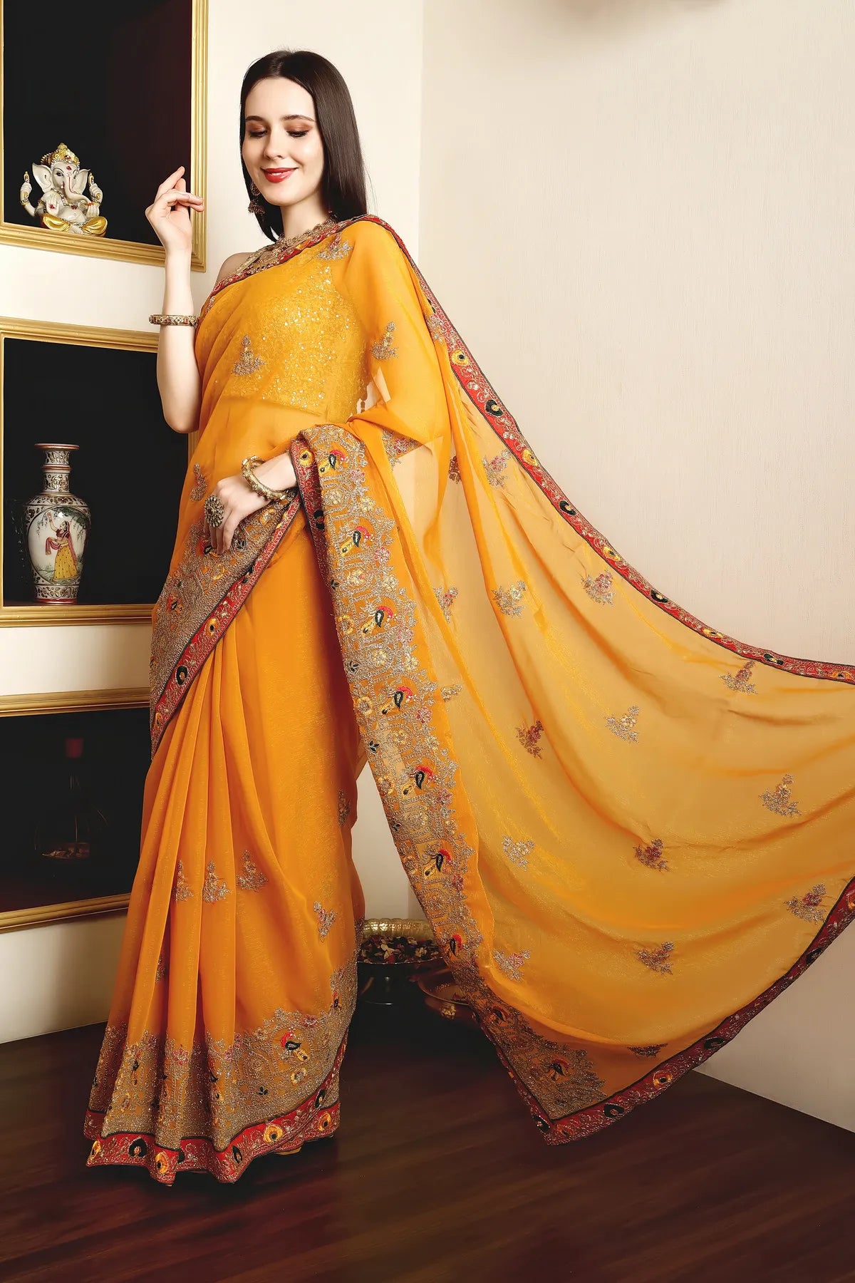 Enchanted Sparkle Shimmer Chiffon Sarees (A) SAREE D14-Yellow