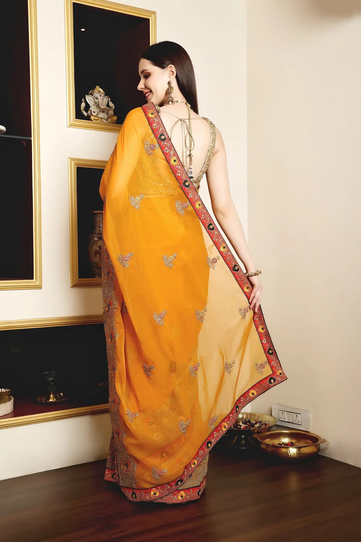 Enchanted Sparkle Shimmer Chiffon Sarees (A) SAREE D14-Yellow