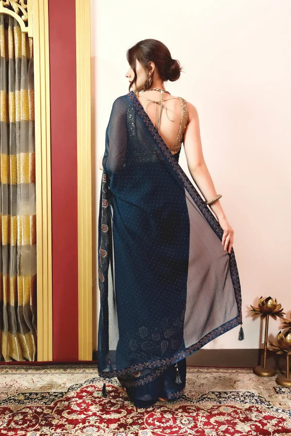 Enchanted Sparkle Shimmer Chiffon Sarees (A) SAREE D15-BLUE