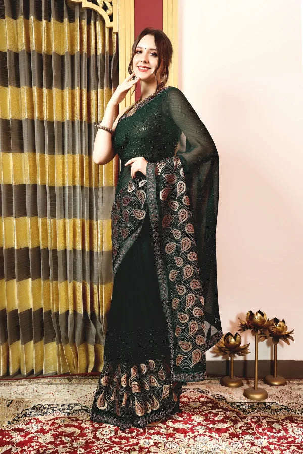 Enchanted Sparkle Shimmer Chiffon Sarees (A) SAREE D15-Green