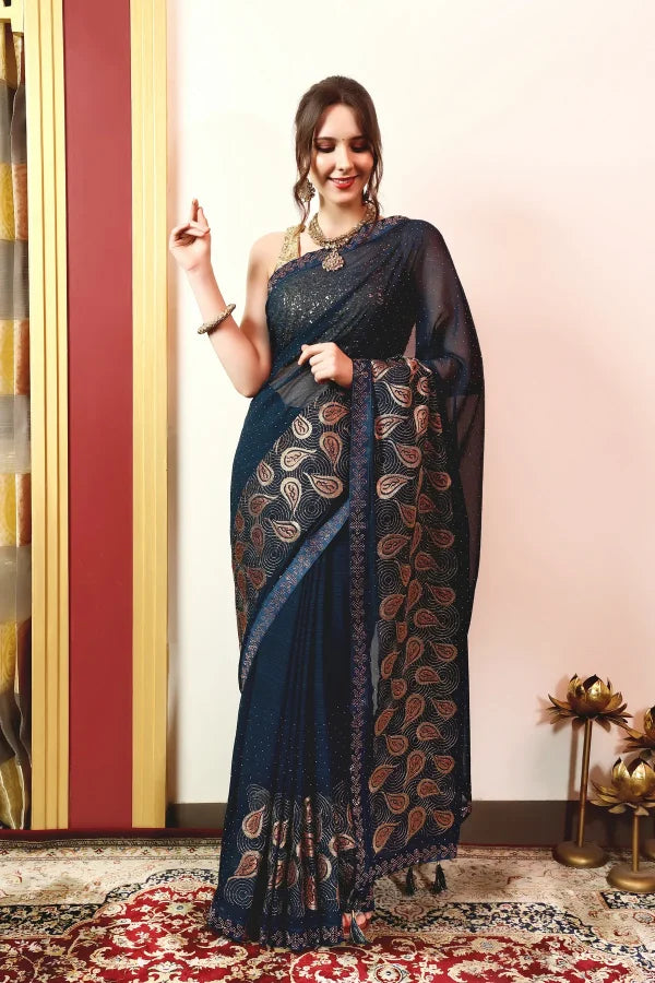 Enchanted Sparkle Shimmer Chiffon Sarees (A) SAREE D15-BLUE