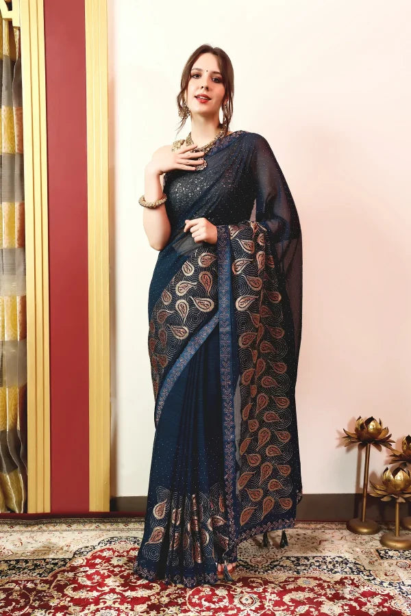 Enchanted Sparkle Shimmer Chiffon Sarees (A) SAREE D15-BLUE