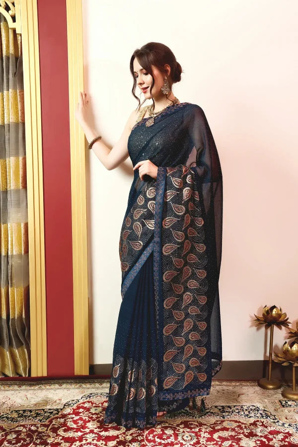 Enchanted Sparkle Shimmer Chiffon Sarees (A) SAREE D15-BLUE