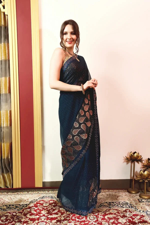 Enchanted Sparkle Shimmer Chiffon Sarees (A) SAREE D15-BLUE