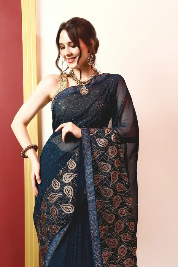 Enchanted Sparkle Shimmer Chiffon Sarees (A) SAREE D15-BLUE