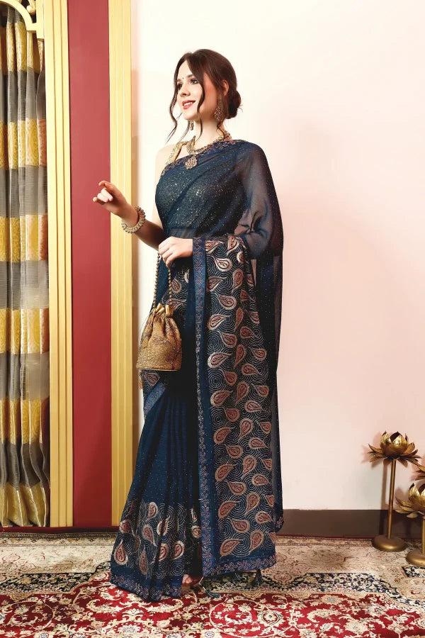 Enchanted Sparkle Shimmer Chiffon Sarees (A) SAREE D15-BLUE