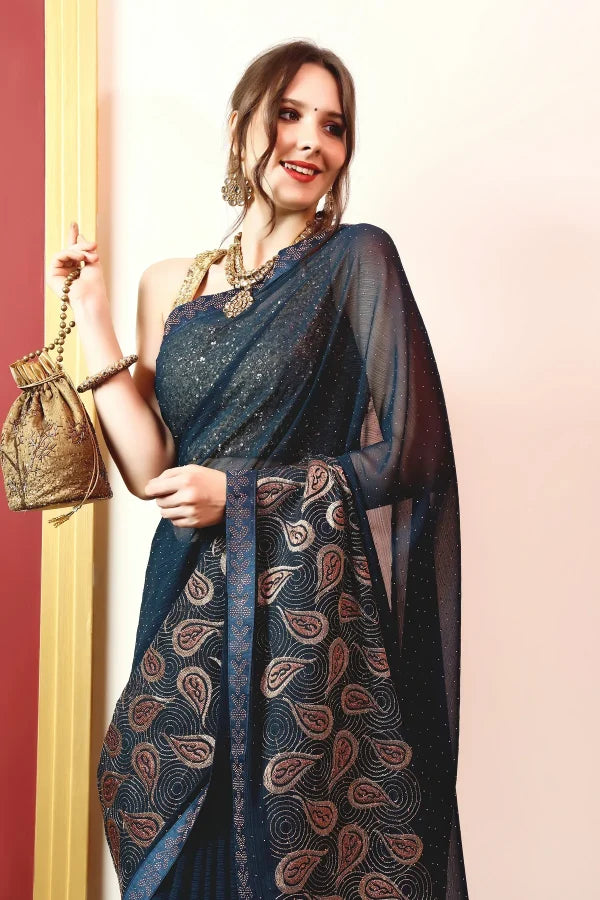 Enchanted Sparkle Shimmer Chiffon Sarees (A) SAREE D15-BLUE