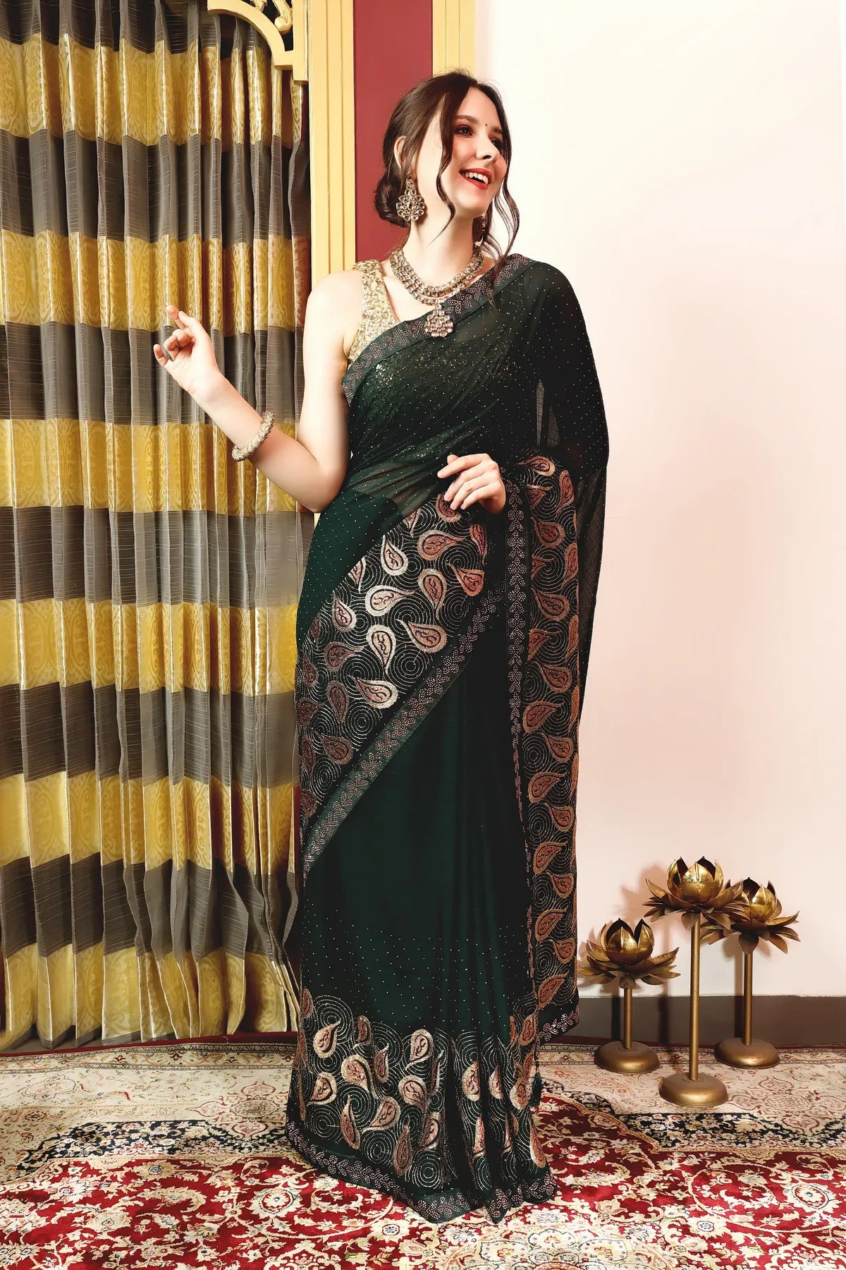 Enchanted Sparkle Shimmer Chiffon Sarees (A) SAREE D15-Green