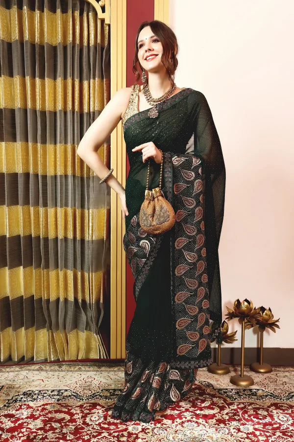Enchanted Sparkle Shimmer Chiffon Sarees (A) SAREE D15-Green